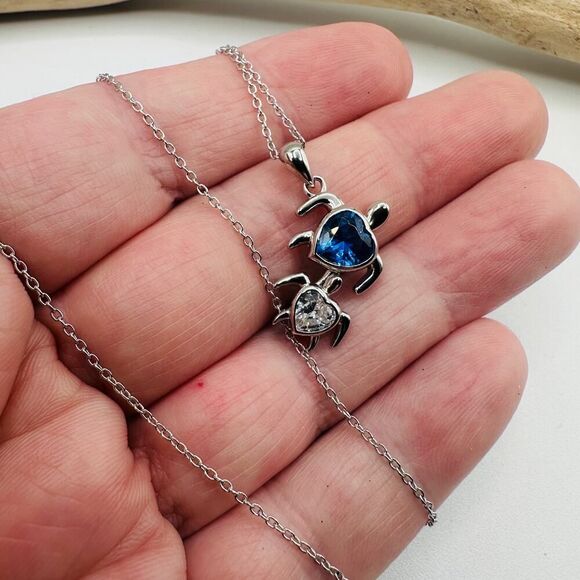 Sterling Silver Mom and Baby Turtle CZ Heart Necklace - Picture 5 of 8